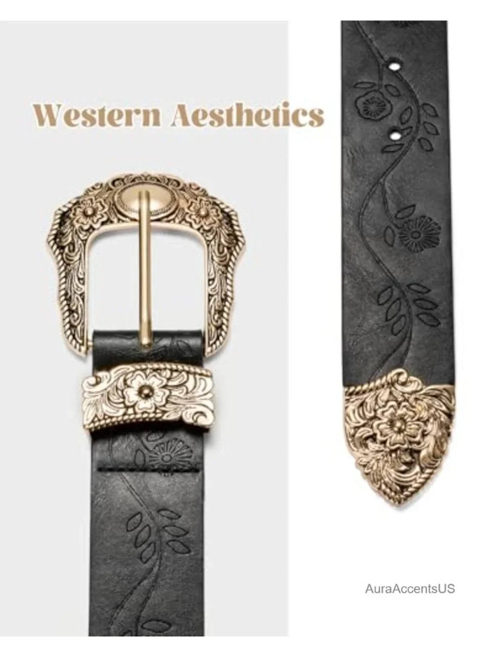 Western Cowgirl Belt for Women, PU Leather, Floral Embossed, Adjustable